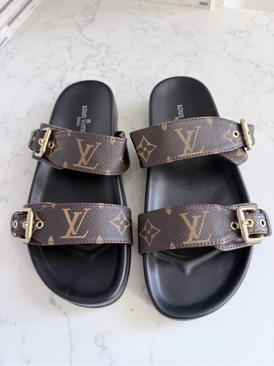 Louis Vuitton Shoes - Louis Vuitton Brown Monogram Double-Strap Slide Sandals size 7